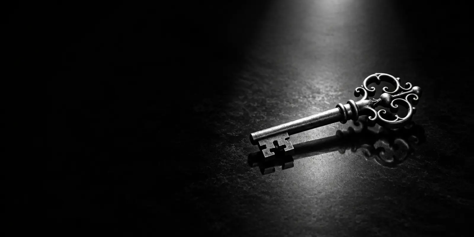 Zwart-wit foto van een oude messing hoofdsleutel op een donkere ondergrond, met spotlicht