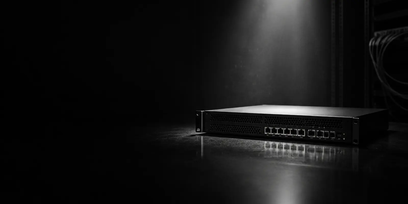 Zwart-witfoto van een fysiek firewall-apparaat dat alleen staat opgesteld, verlicht door een spotlicht in een donkere ruimte