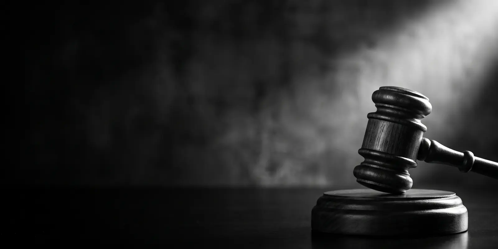 Een houten voorzittershamer in zwart-wit, fel uitgelicht tegen een donkere achtergrond, als beeld voor een wet die definitief is aangenomen.