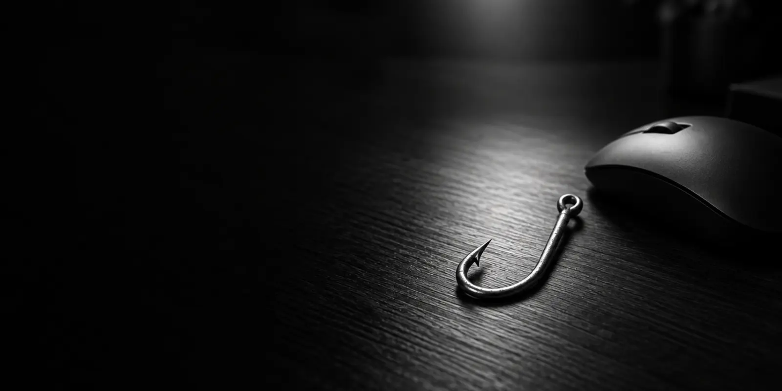 Zwart-wit foto van een vishaak op een bureau naast een computermuis, als symbool voor phishing