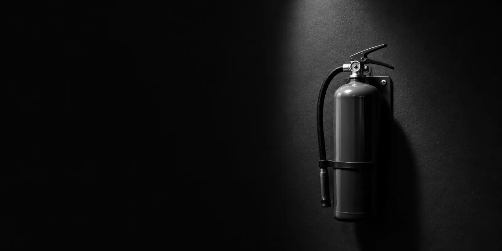 Zwart-witfoto van een brandblusser tegen een donkere achtergrond, symbool voor het steeds opnieuw blussen van brandjes bij beveiligingslekken