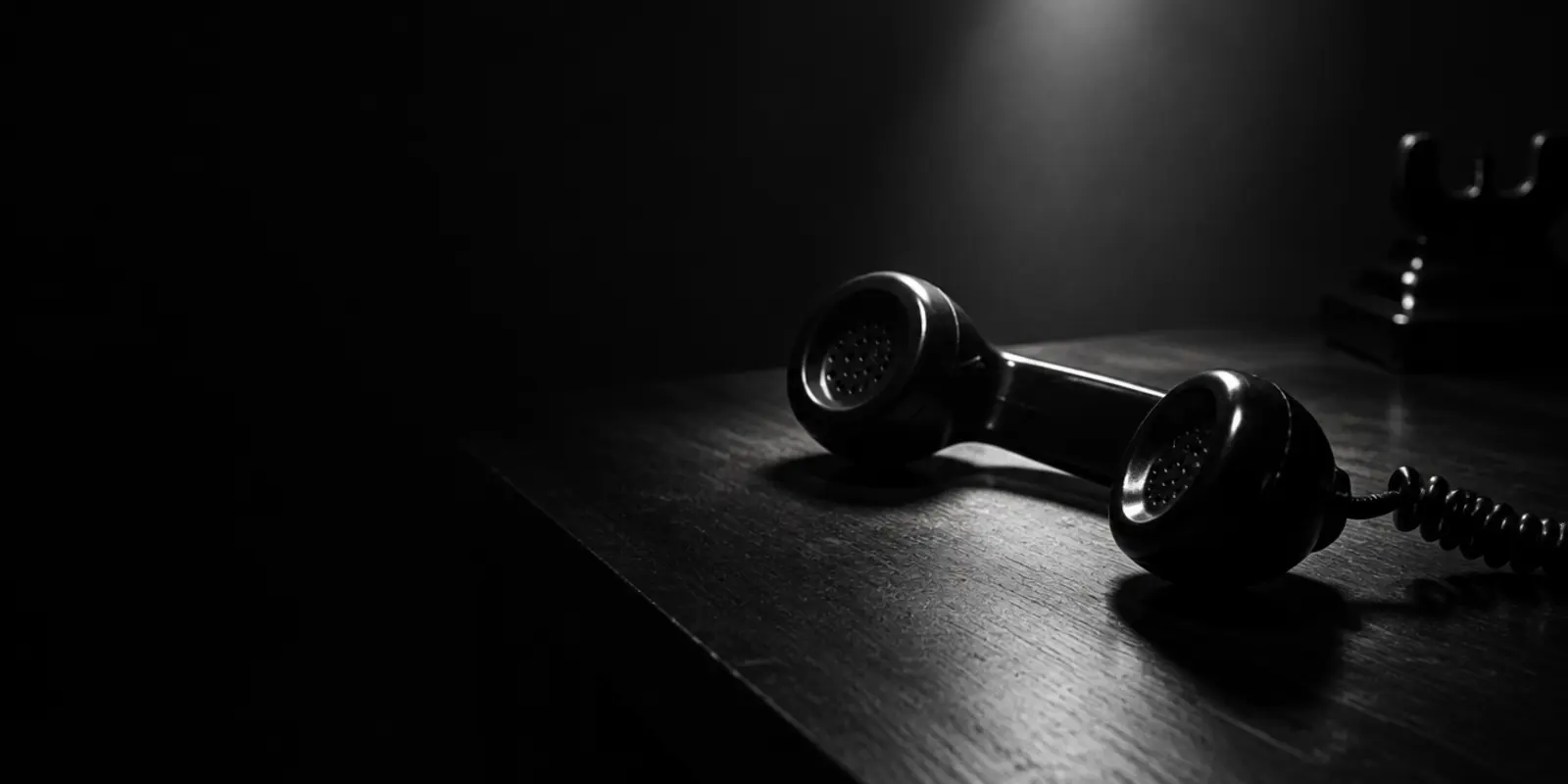Telefoon naast de haak op een donker bureau, symbool voor onbeantwoorde vragen tijdens een crisis.